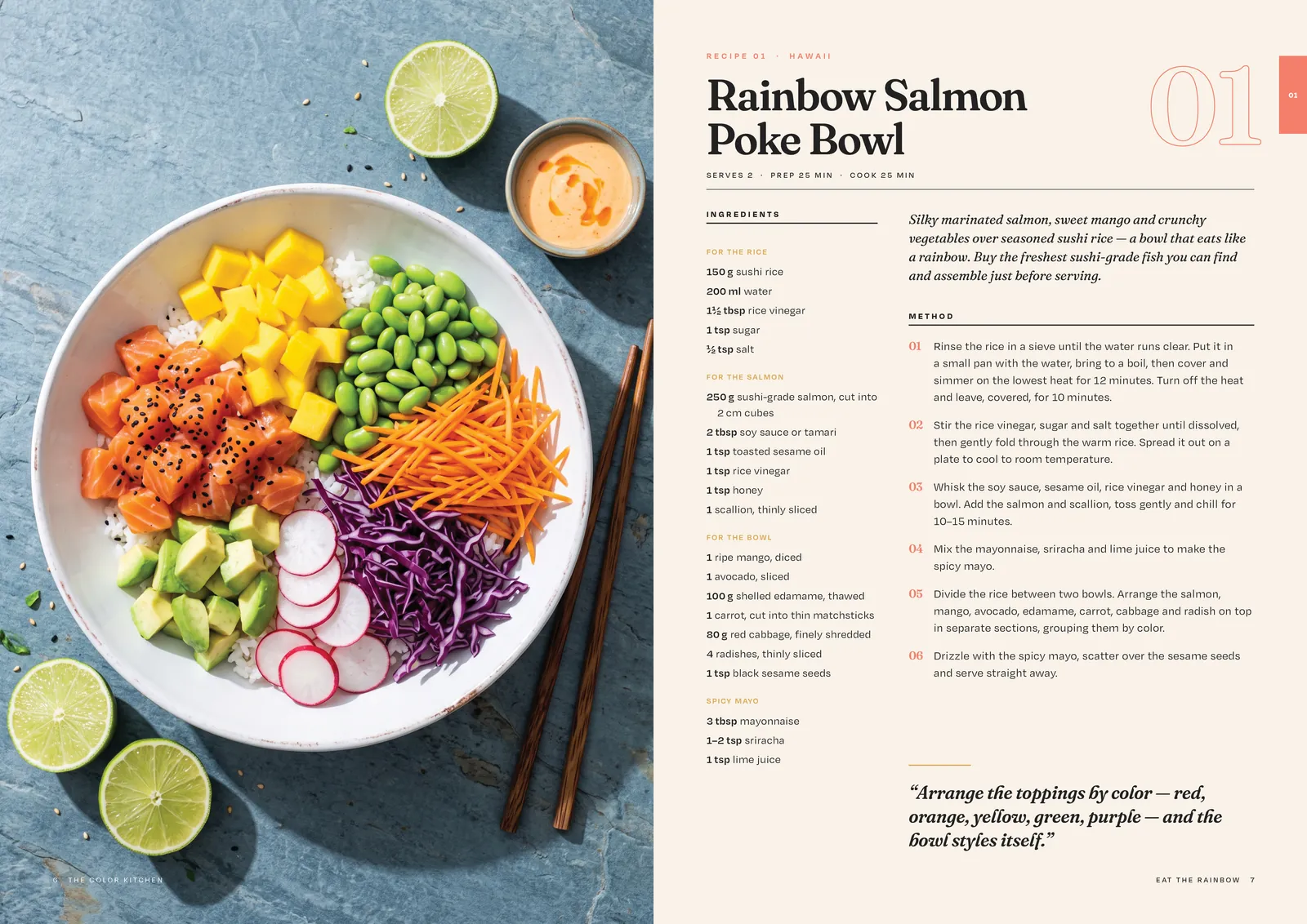 The Color Kitchen cookbook: Recipe 01: ingredients grouped by component, numbered method, a headnote and a pull quote.