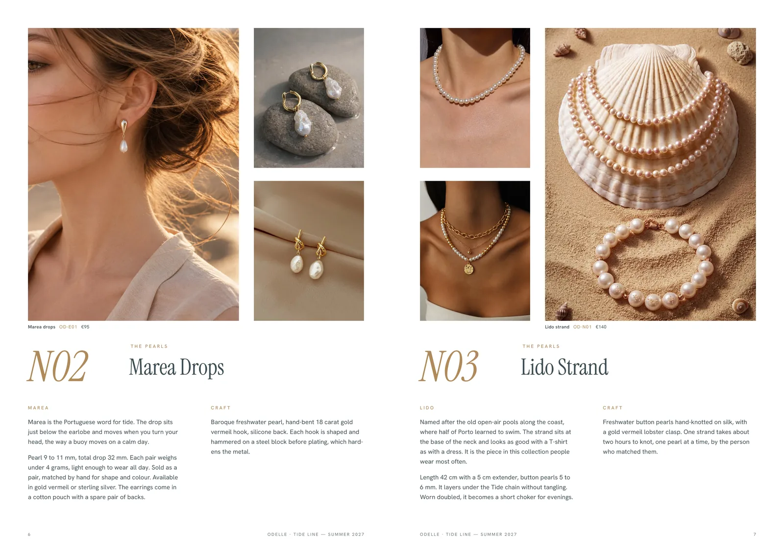 Odelle Tide Line lookbook: Marea Drops and Lido Strand, with code and prices under each photograph.