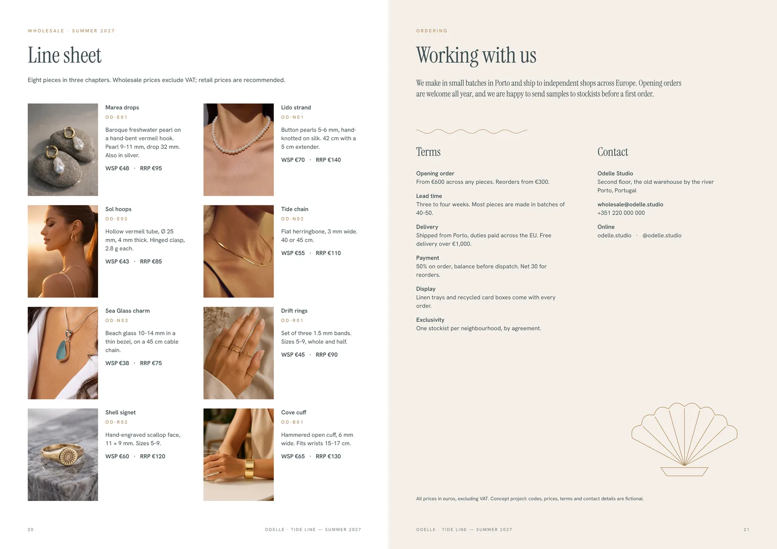 Odelle Tide Line lookbook: Line sheet and trade terms for boutique buyers.